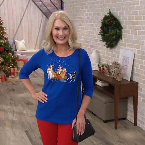 QUACKER FACTORY ALL IS BRIGHT HOLIDAY BLING 3/4 SLEEVE T- SHIRT SLED DOG DESIGN - Picture 1 of 12